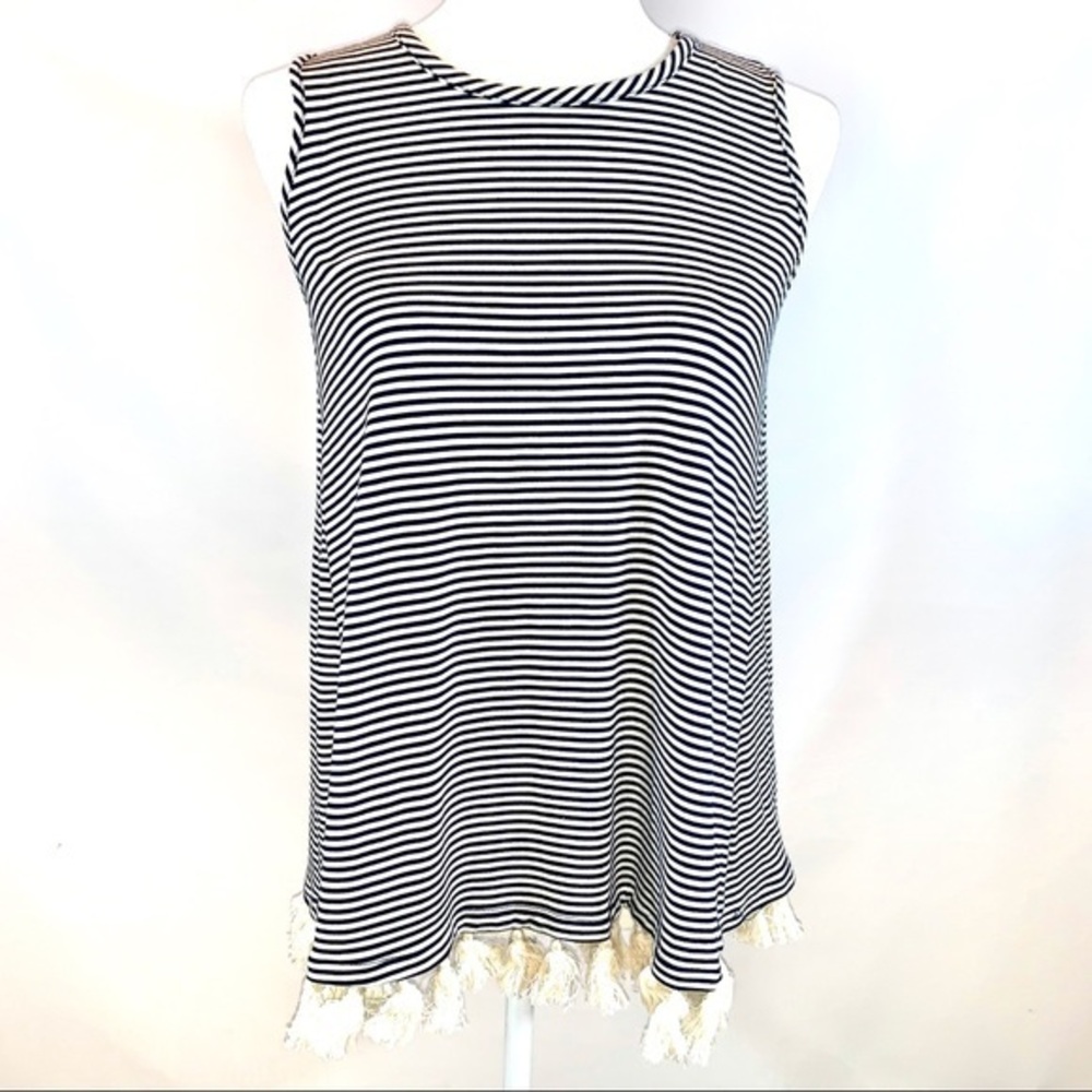 Pebble & Stone size S navy & ivory striped tassel bottom sleeveless knit blouse